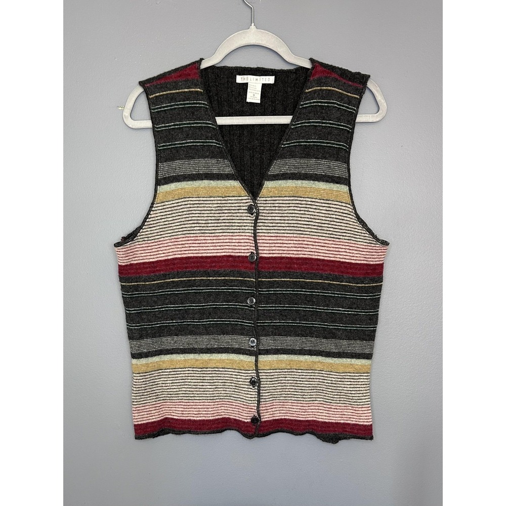Vintage The Limited Sweater Vest Womens M Gray Multicolor Stripe Wool Button
